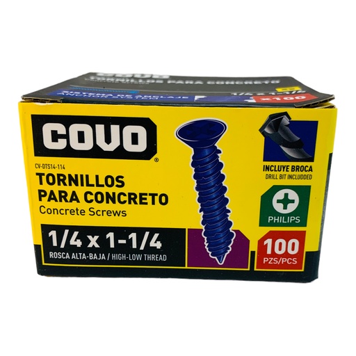 [12437] TORNILLOS PARA CONCRETO 1/4” X 1-1/4” 100 PZAS COVO