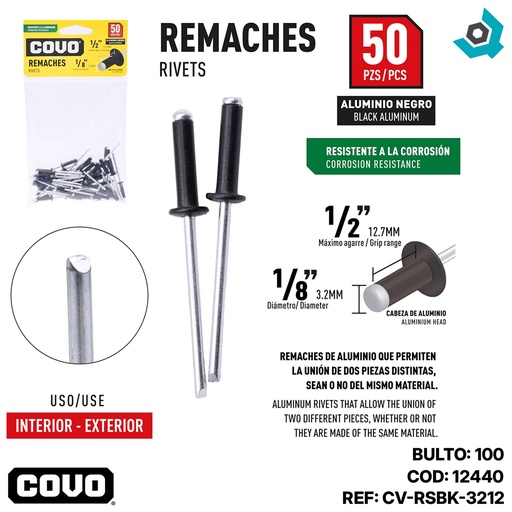 [12440] REMACHE 1/8" X 1/2" ALUMINIO NEGRO 50 PIEZAS COVO