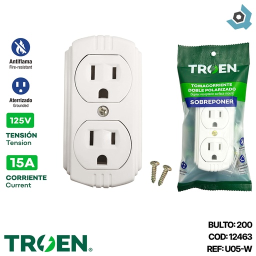 [12463] TOMACORRIENTE DE SOBREPONER 125V TROEN