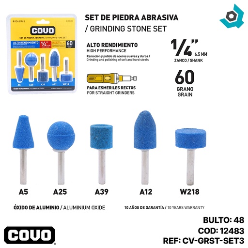 [12483] SET DE MECHAS ABRASIVAS 1/4" 5 PIEZAS COVO