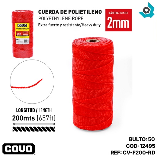 [12495] MECATILLO 2MM 200 METROS ROJO COVO