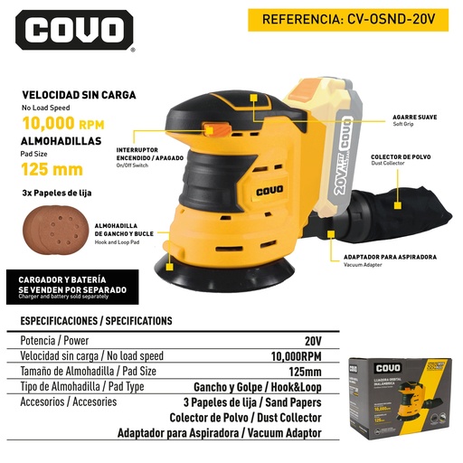 [12581] LIJADORA ORBITAL INALAMBRICO 20V COVO