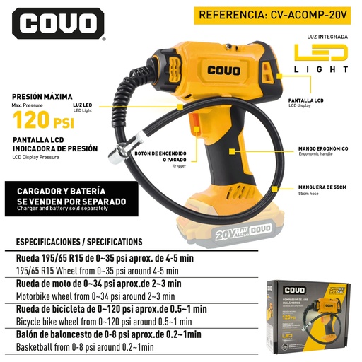 [12600] COMPRESOR DE AIRE INALAMBRICO 20V COVO