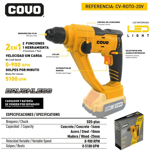 [12641] ROTOMARTILLO INALAMBRICO 20V COVO