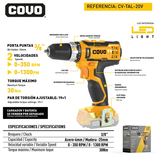 [12642] DESTORNILLADOR INALAMBRICO 3/8" 20V COVO