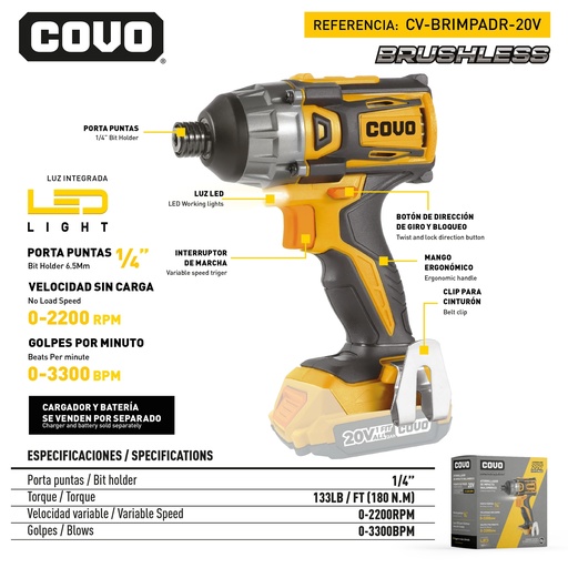 [12601] DESTORNILLADOR DE IMPACTO INALAMBRICO BRUSHLESS 20V COVO