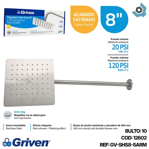 [12602] REGADERA TIPO LLUVIA 8" SATINADO CUADRADA GRIVEN