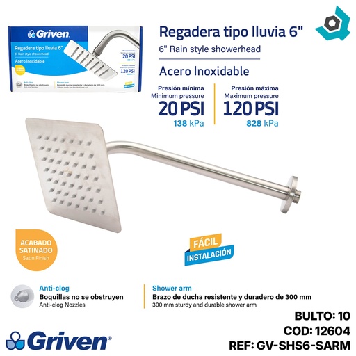 [12604] REGADERA TIPO LLUVIA 6" SATINADO CUADRADA GRIVEN