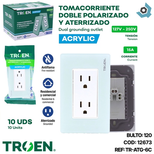 [12673] TOMACORRIENTE DOBLE DE ACRILICO VERDE AGUA TROEN