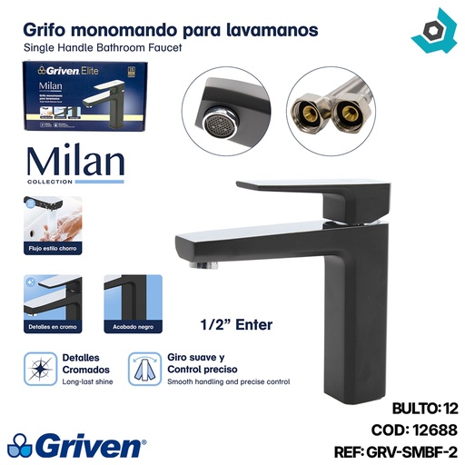 [12688] GRIFERIA MONOMANDO PARA LAVAMANOS NEGRO MATE GRIVEN ELITE EDICION MILAN COLLECTION