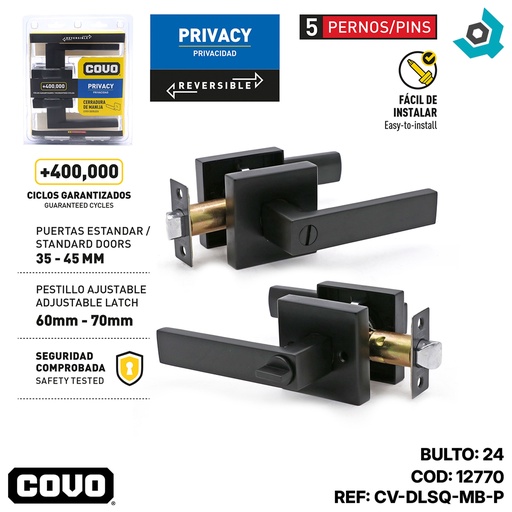 [12770] CERRADURA DE MANILLA CUADRADA NEGRO MATE COVO