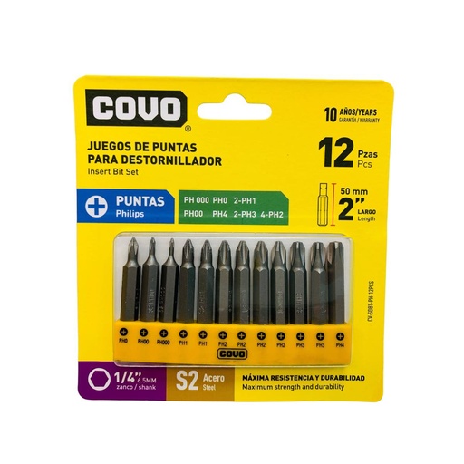 [12862] JUEGO DE PUNTAS DE ESTRIA PH 12 PZAS PARA DESTORNILLADOR COVO