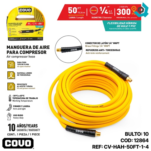 [12864] MANGUERA DE AIRE 1/4" PARA COMPRESOR 15.24M COVO