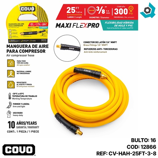 [12866] MANGUERA DE AIRE 3/8" PARA COMPRESOR 7.62M COVO