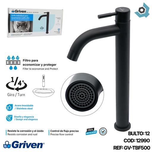 [12990] GRIFERIA INDIVIDUAL PARA LAVAMANOS NEGRO MATE GRIVEN