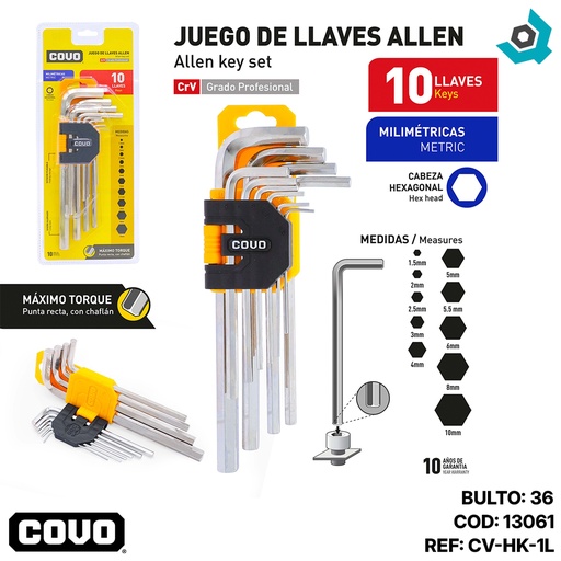 [13061] JUEGO DE LLAVES ALLEN MAXIMO TORQUE 10PZAS COVO