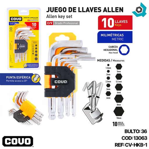 [13063] JUEGO DE LLAVES ALLEN PUNTA ESFERICA 10PZAS COVO