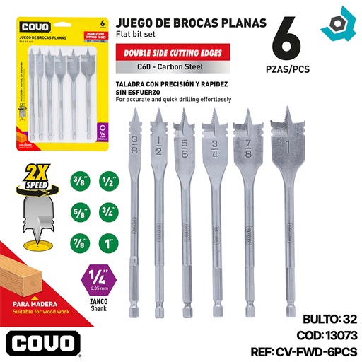 [13073] SET DE MECHAS PLANAS PARA MADERA 6PZAS COVO