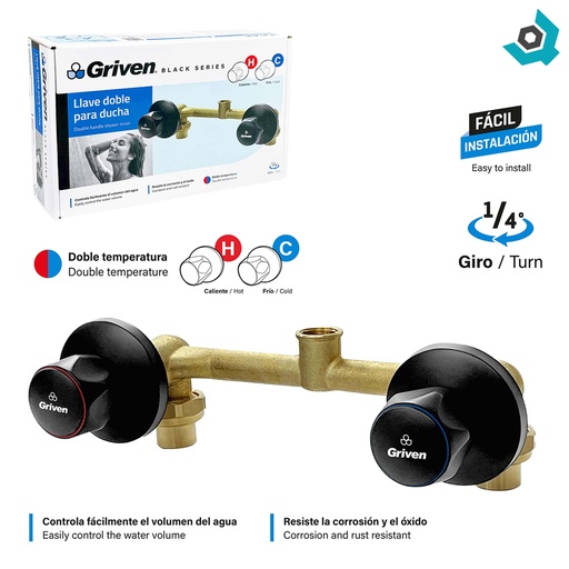 [13167] LLAVE DOBLE PARA DUCHA NEGRO MATE GRIVEN