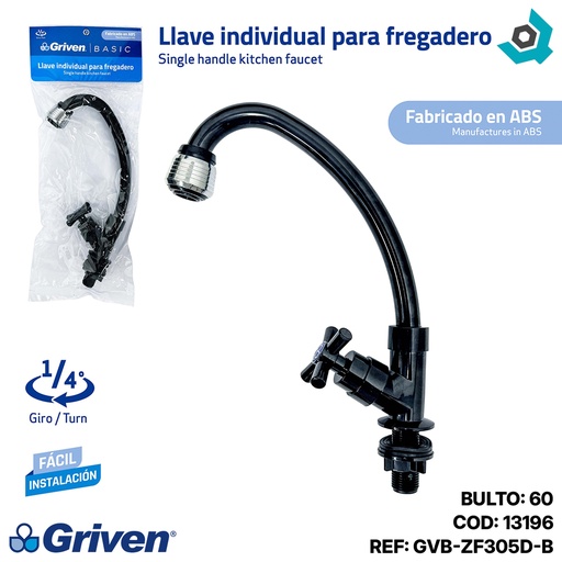 [13196] GRIFERIA PARA FREGADERO INDIVIDUAL ABS NEGRO GRIVEN BASIC