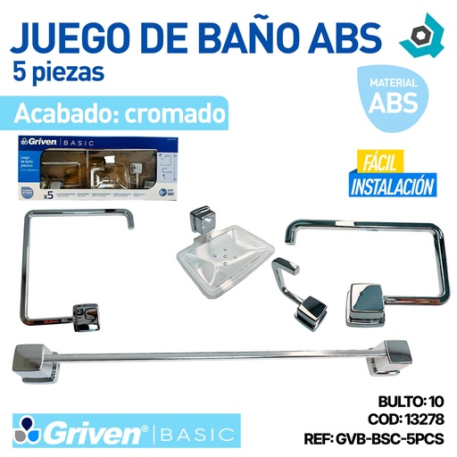 [13278] JUEGO DE BAÑO ABS 5 PZAS CROMADO GRIVEN BASIC