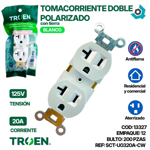 [13327] TOMACORRIENTE DOBLE 125V 20AMP TROEN