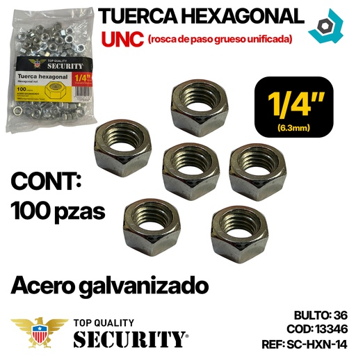 [13346] TUERCA HEXAGONAL 1/4" 100 PZAS SECURITY