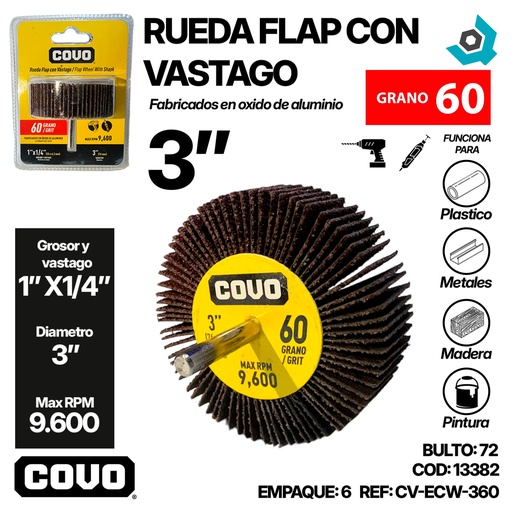 [13382] RUEDA FLAP 3" CON VASTAGO GRANO 60 COVO