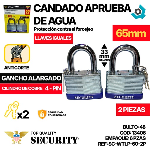 [13406] CANDADO DE ACERO LAMINADO 65MM SECURITY
