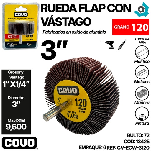 [13425] RUEDA FLAP 3" CON VASTAGO GRANO 120 COVO