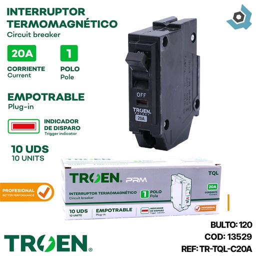 [13529] BREAKER TERMOMAGNETICO 20A 1P EMPOTRAR TQL TROEN