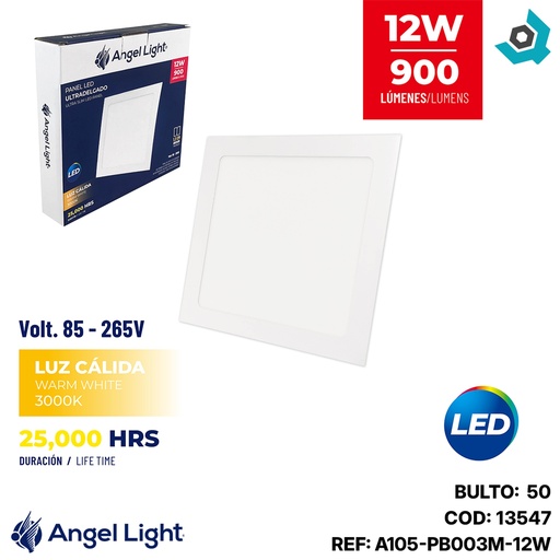 [13547] LAMPARA LED PARA EMPOTRAR CUADRADA 12W 3000K ANGEL LIGHT