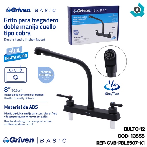 [13555] GRIFERIA PARA FREGADERO DOBLE MANIJA CUELLO TIPO COBRA GRIVEN BASIC