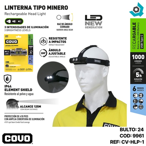 [9961] LINTERNA DE CABEZA RECARGABLE COVO