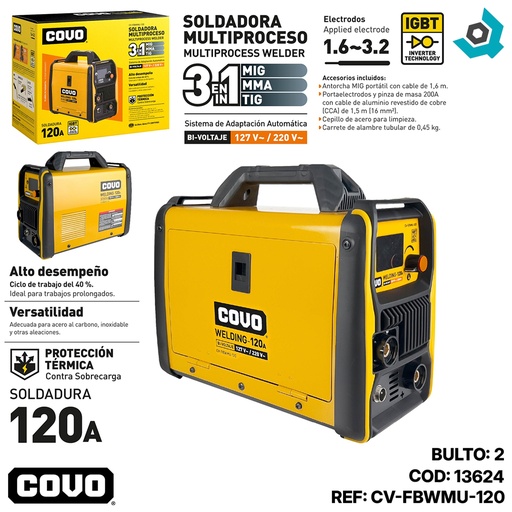 [13624] MAQUINA DE SOLDAR MULTIPROCESO 3 EN 1 DE 127V / 220V COVO