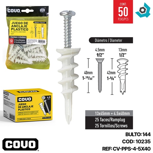 [10235] TORNILLOS CON RAMPLUG 4.5 X 40MM 50 PEIZAS COVO