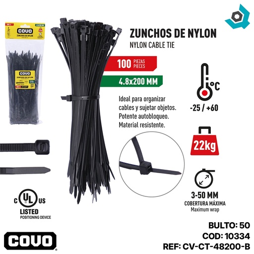 [10334] TIRRAJE NYLON NEGRO 4.8-200MM 100 PZAS COVO