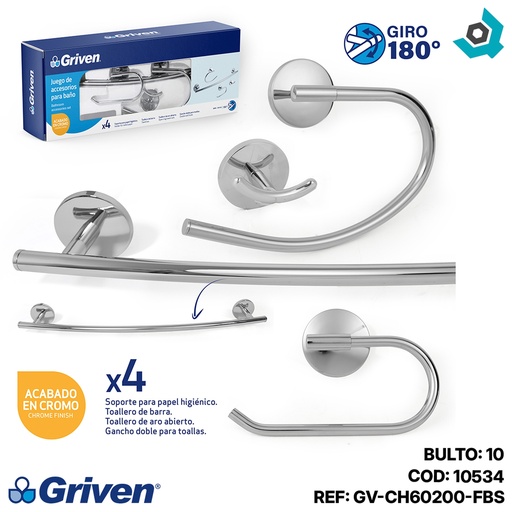[10534] JUEGO DE ACCESORIOS 4 PIEZAS CROMADO GRIVEN