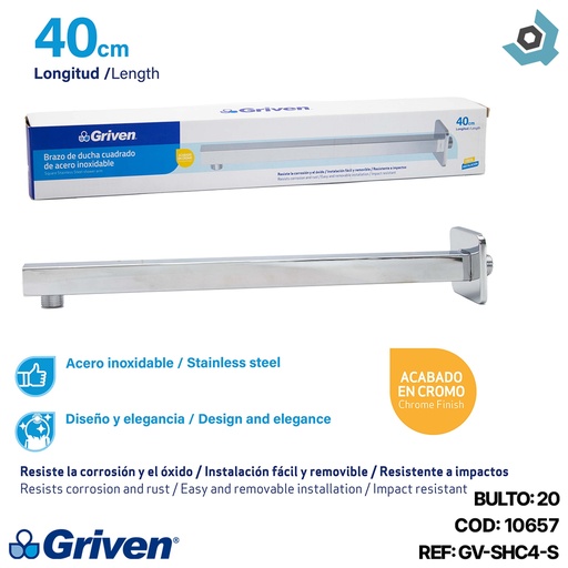 [10657] BRAZO DE DUCHA CUADRADO 40CM CROMADO GRIVEN