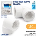CODO 90GR DE PVC 1/2" CON ROSCA BLANCO GRIVEN