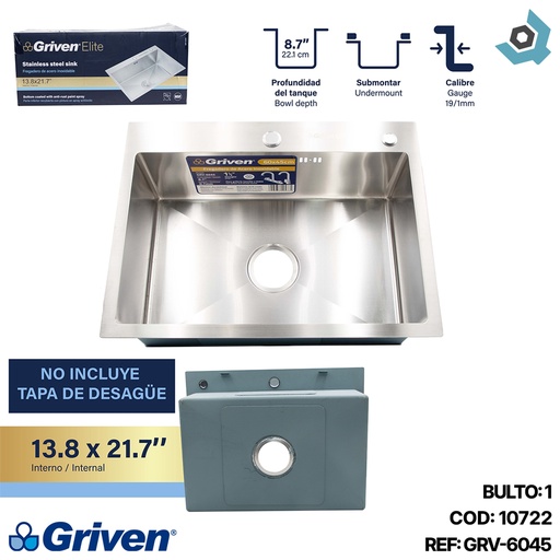 [10722] FREGADERO INDIVIDUAL DE ACERO INOXIDABLE GRIVEN ELITE