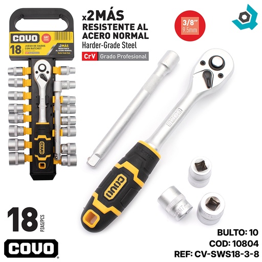 [10804] JUEGO DE DADOS CON RACHET 3/8" 18 PZA COVO
