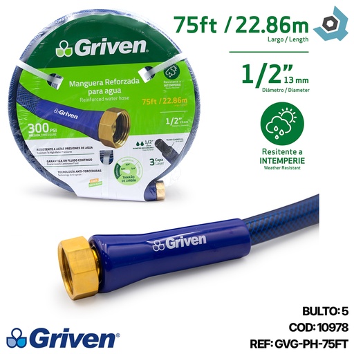 [10978] MANGUERA 1/2" DE JARDINERIA REFORZADA 22.86 METROS GRIVEN