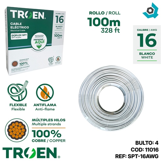 [11016] CABLE ELECTRICO 16 AWG BLANCO DUPLEX SPT TROEN