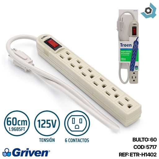 [5717] REGLETA ELECTRICA 6 TOMAS 60CM TROEN