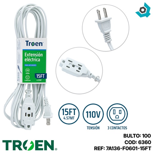 [6360] EXTENSION ELECTRICA 15FT 3 TOMAS TROEN