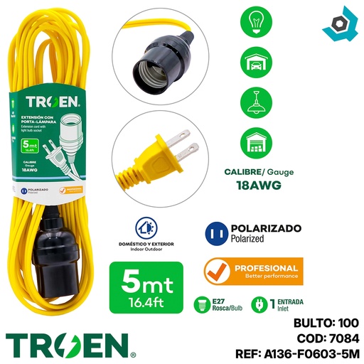 [7084] EXTENSION ELECTRICA CON PORTA LAMPARA TROEN 5M