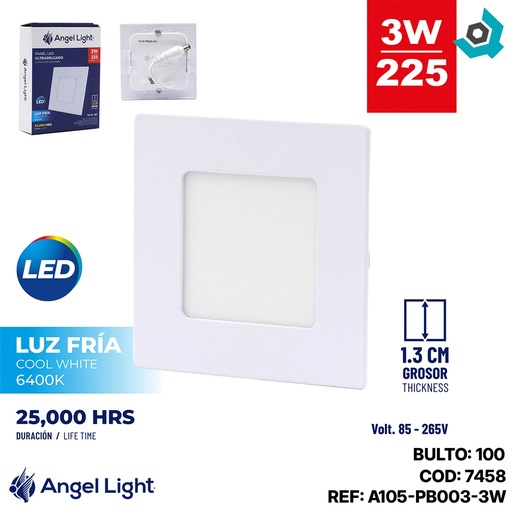 [7458] LAMPARA LED PARA EMPOTRAR CUADRADA 3W 3.5" 6000K LUZ BLANCA ANGEL LIGHT