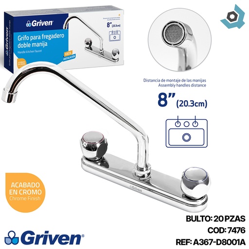 [7476] GRIFERIA PARA FREGADERO 8" DOBLE TEMPERATURA GRIVEN