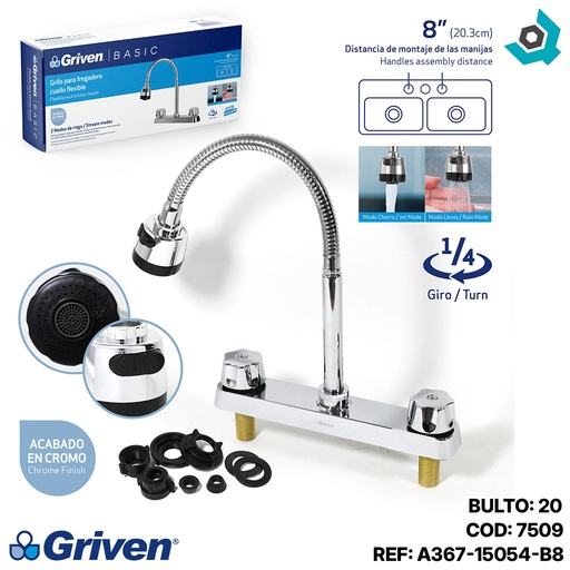 [7509] GRIFERIA PARA FREGADERO 8" CUELLO FLEXIBLE GRIVEN